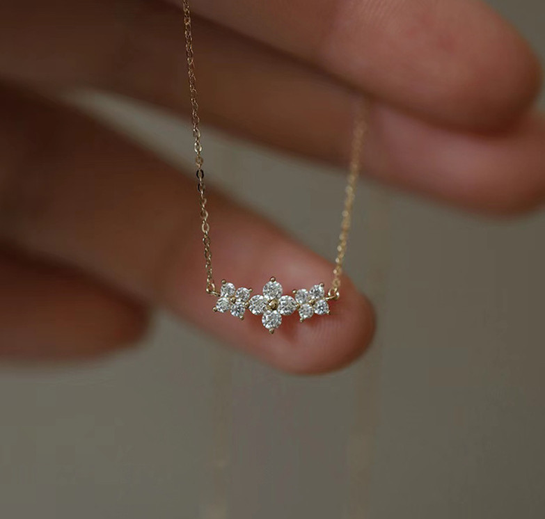 Titanium Gold 3 Flower Lucky Clover Pave Cubic Zirconia Pendant Chain Necklace