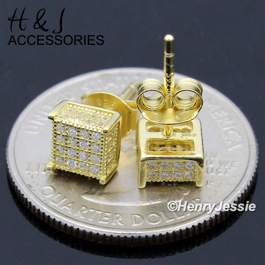 925 STERLING SILVER 6MM ICY CZ SQUARE PUSH BACK GOLD PLATED STUD EARRING*AGE169