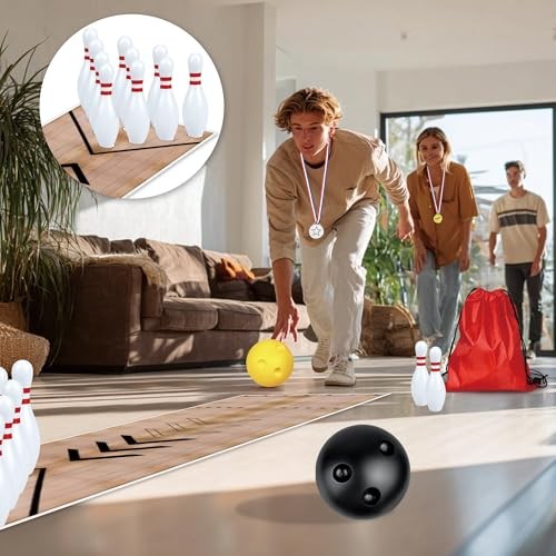 Mini Bowling Set Indoor Outdoor Indoor Bowling Set with Guide Arrow Mat Gold