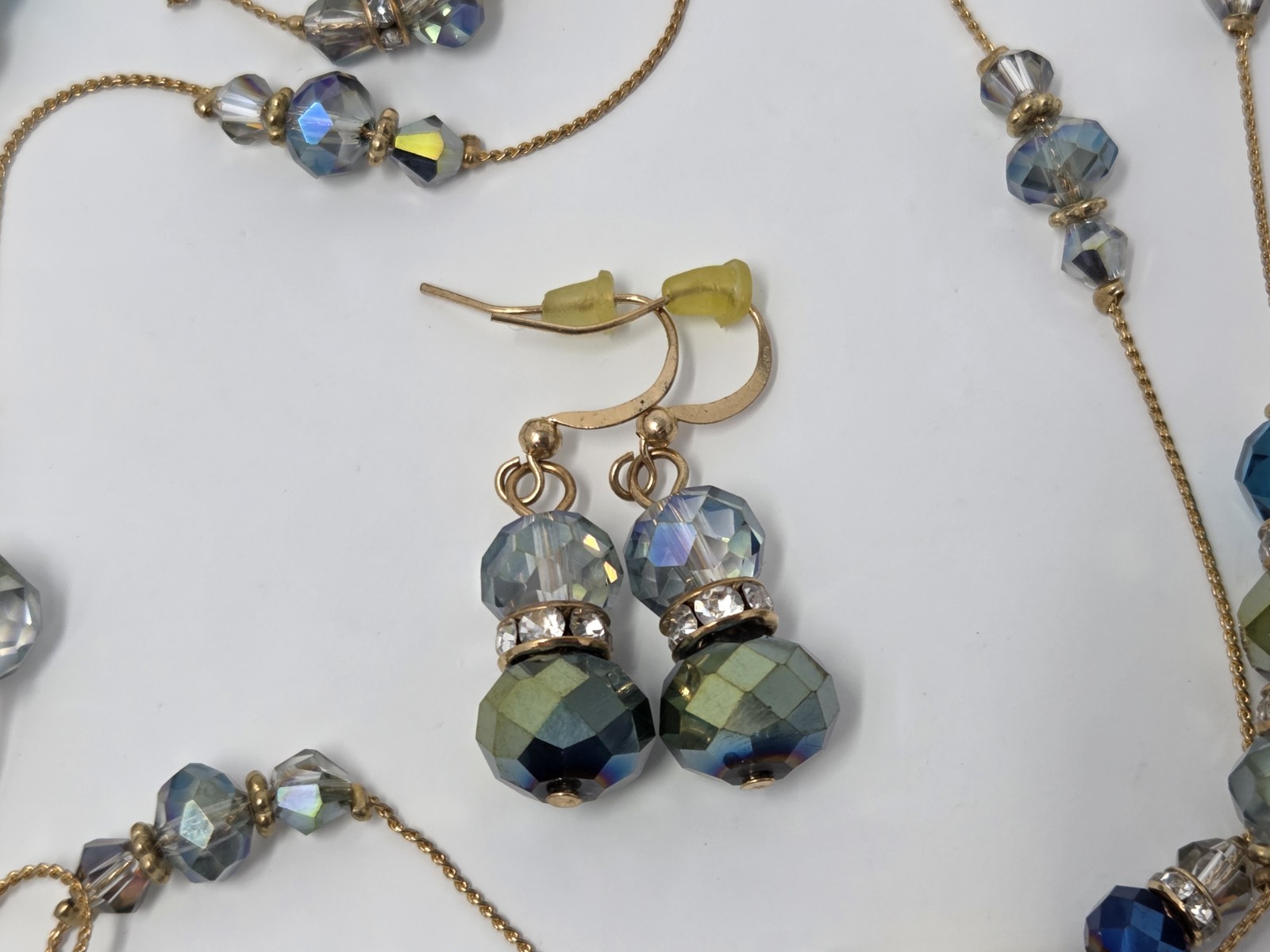 Gold Tone Iridescent Gray & Teal Crystal Long Station Necklace & Earrings Set