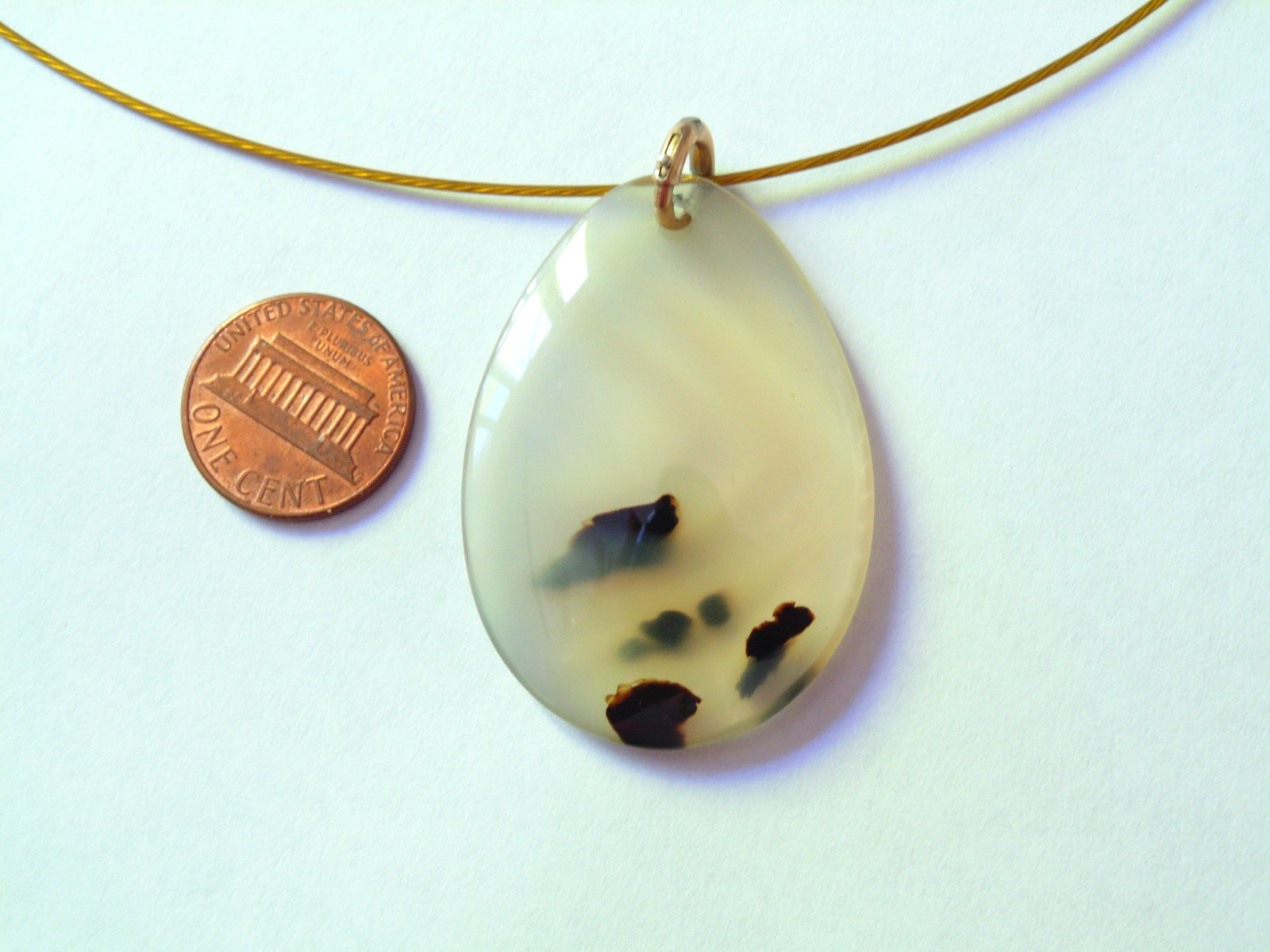 Vtg Montana Agate Drop Dangle Pendant Necklace 18.5″ Coated Gold Wire Choker