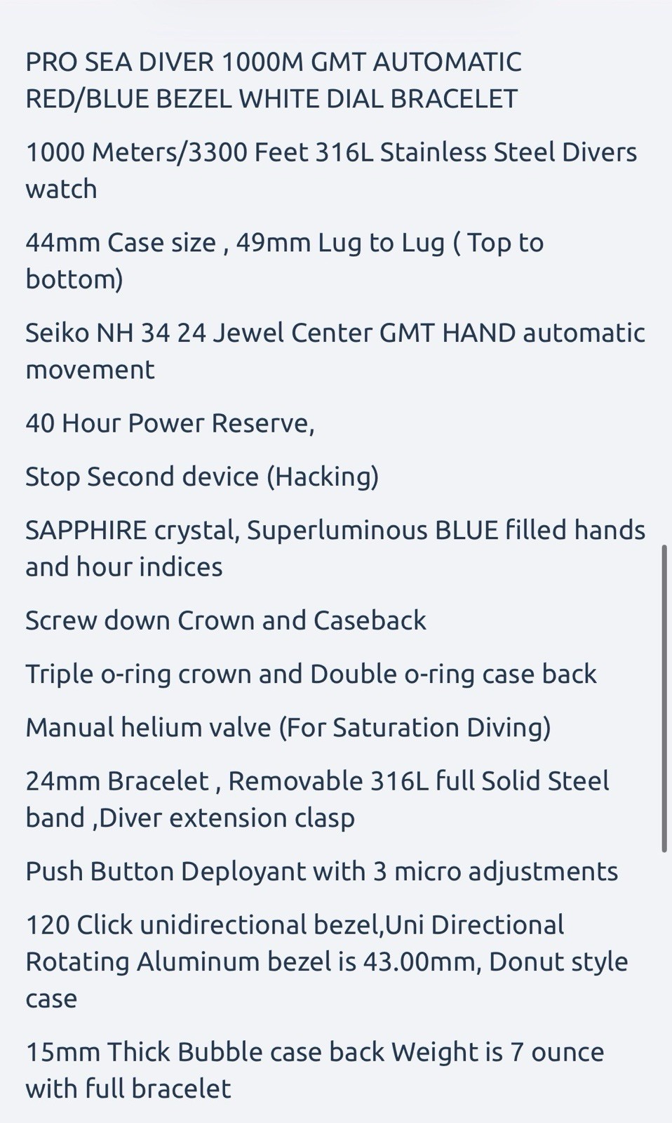 Deep Blue PRO SEA DIVER 1000M GMT AUTO DIVE WATCH-RED/BLUE BZL WHITE DIAL/NEW‼️