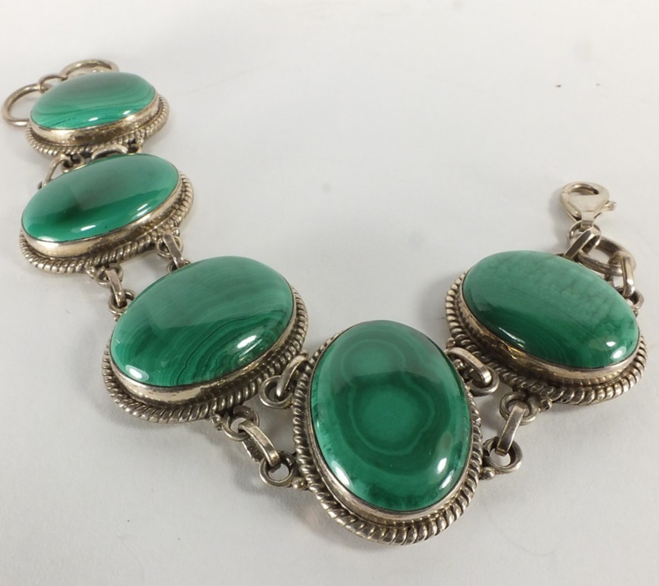 Natural Malachite Gemstone Crystal Bracelet (EA5490) 925 silver bezel cabochon