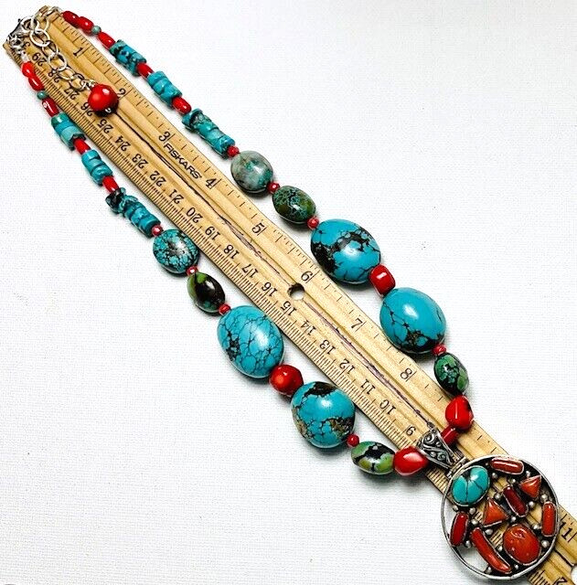 Handcrafted Turquoise & Red Coral Bead Sterling Silver Nepal Pendant Necklace