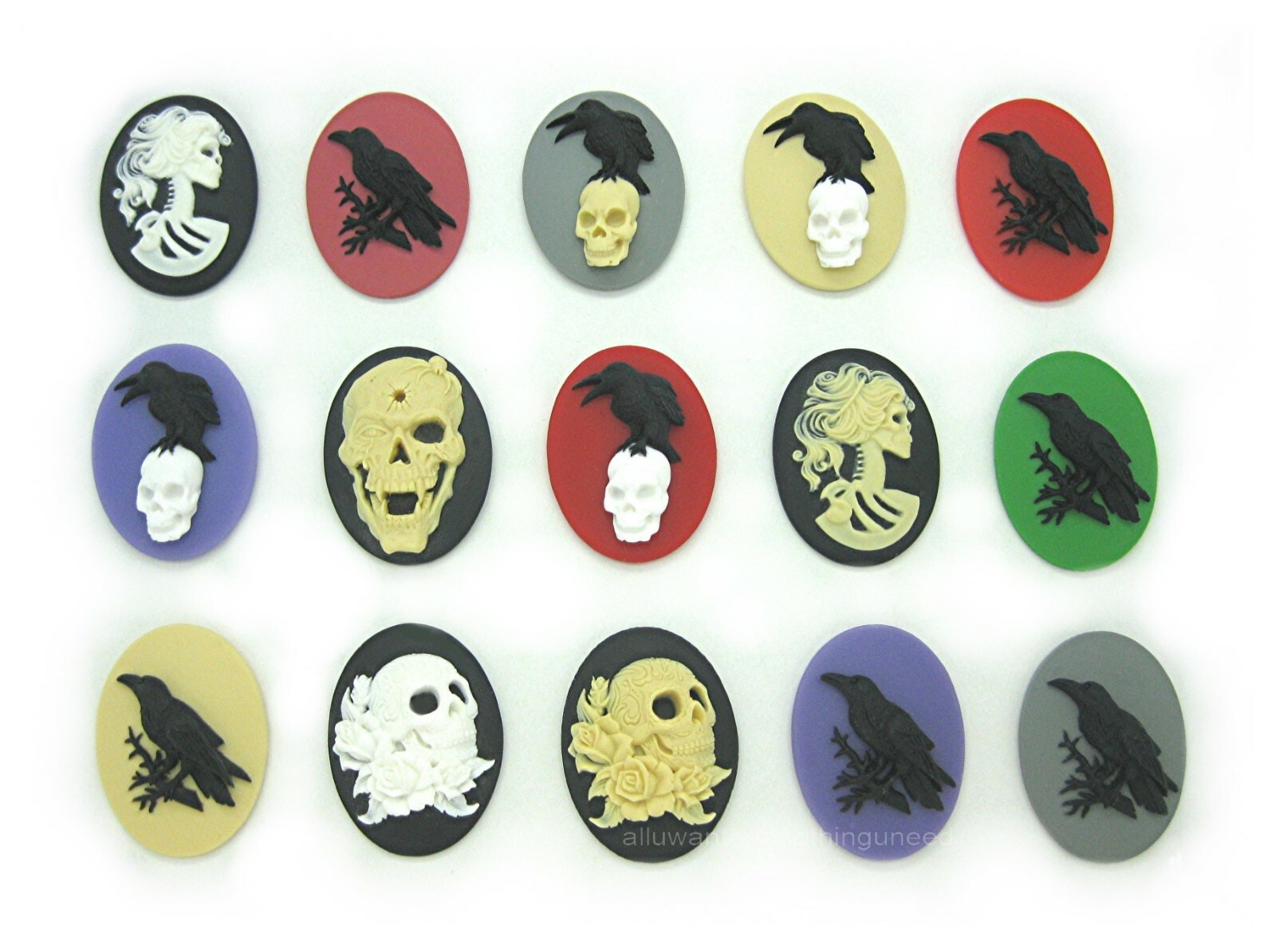 15 Multi Color BLACK BIRD CROW RAVEN & SKULLS 40mm x 30mm GOTH EMO CAMEOS Lot