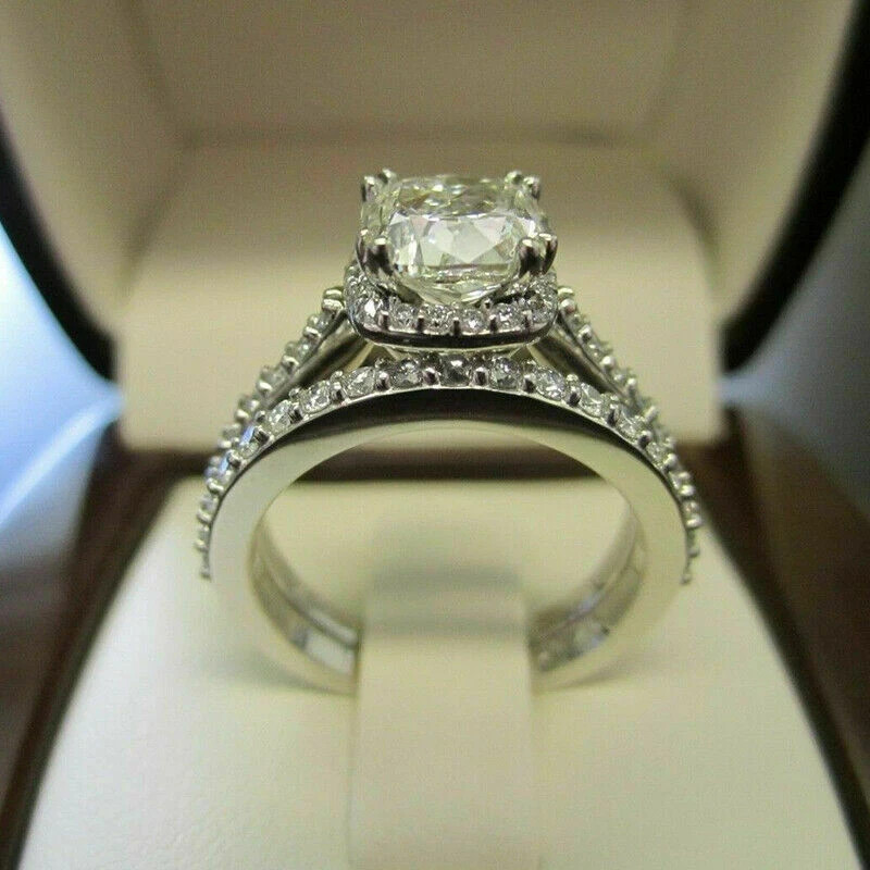 2.76 TCW Cushion Cut Moissanite Bridal Engagement Ring In 14k White Gold Plated