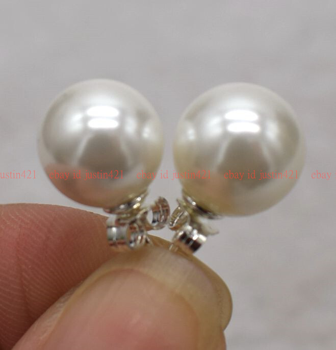 New 8/10/12/14/16/18/20mm White South Sea Shell Pearl 925 Silver Stud Earrings