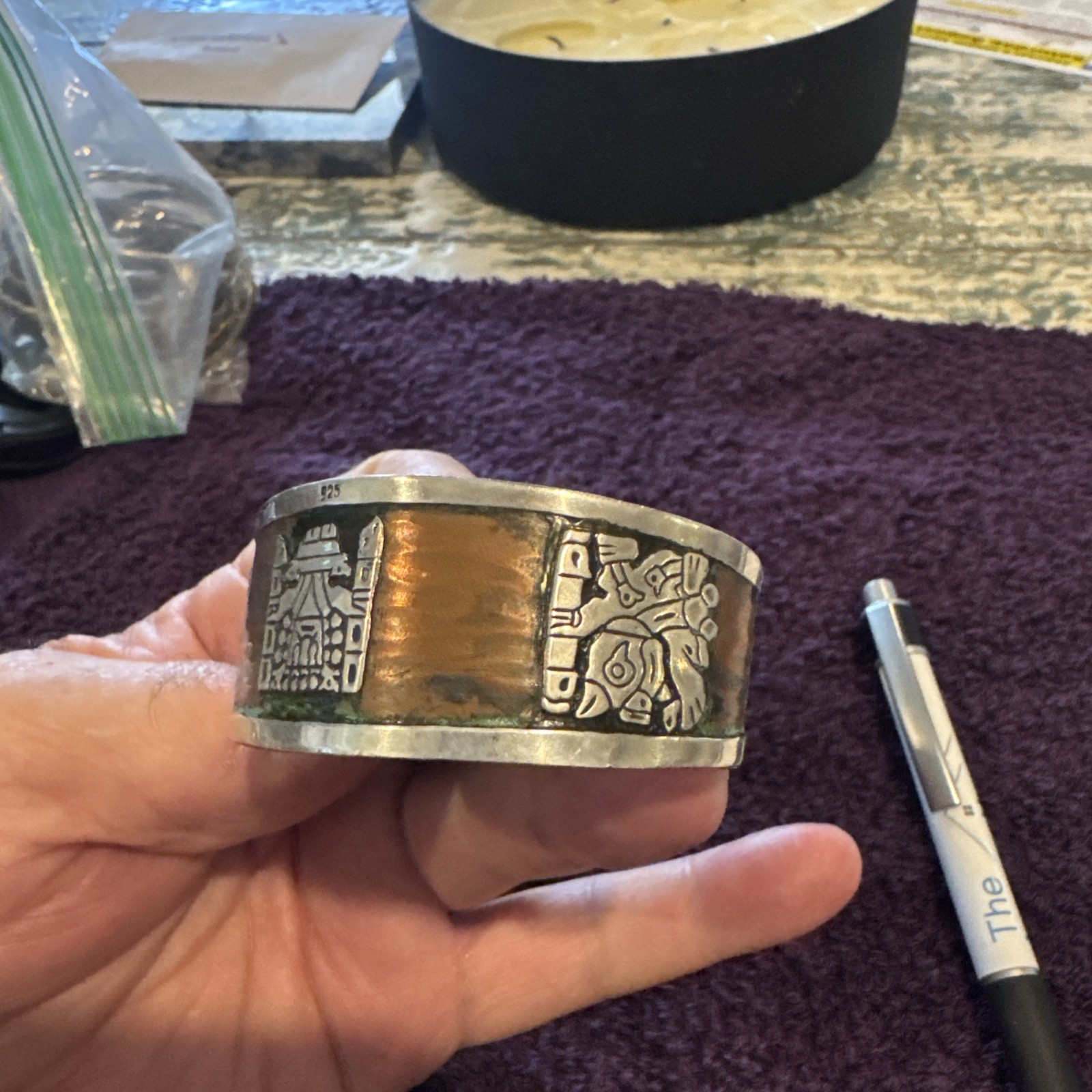 Sterling Stamped Cuff Bracelet with Copper/ Brass Overlay. Mayan Or Aztec Desig