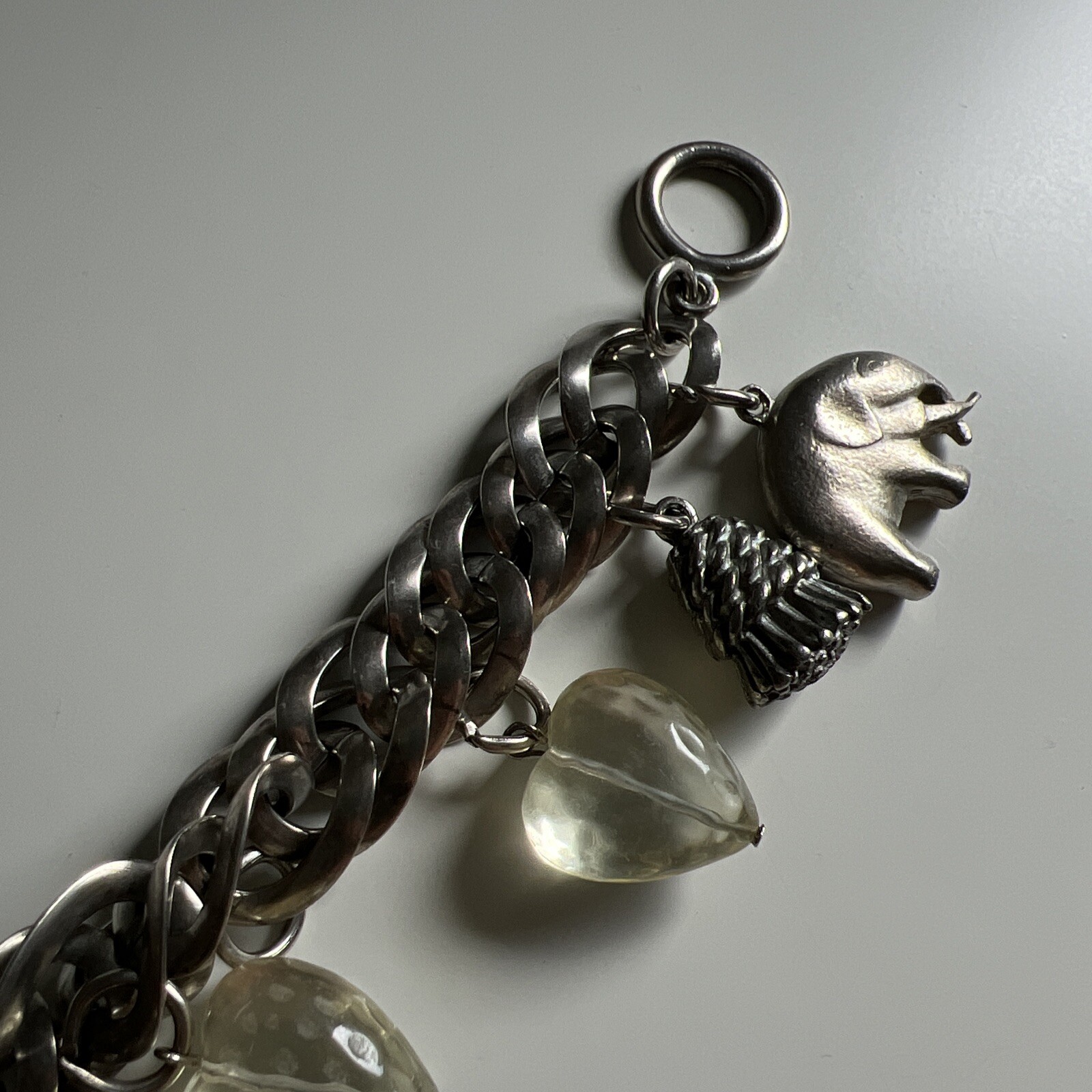 Vintage Silver Metal Chain Charm Bracelet Jewelry Lucite Heart Elephant Tassel