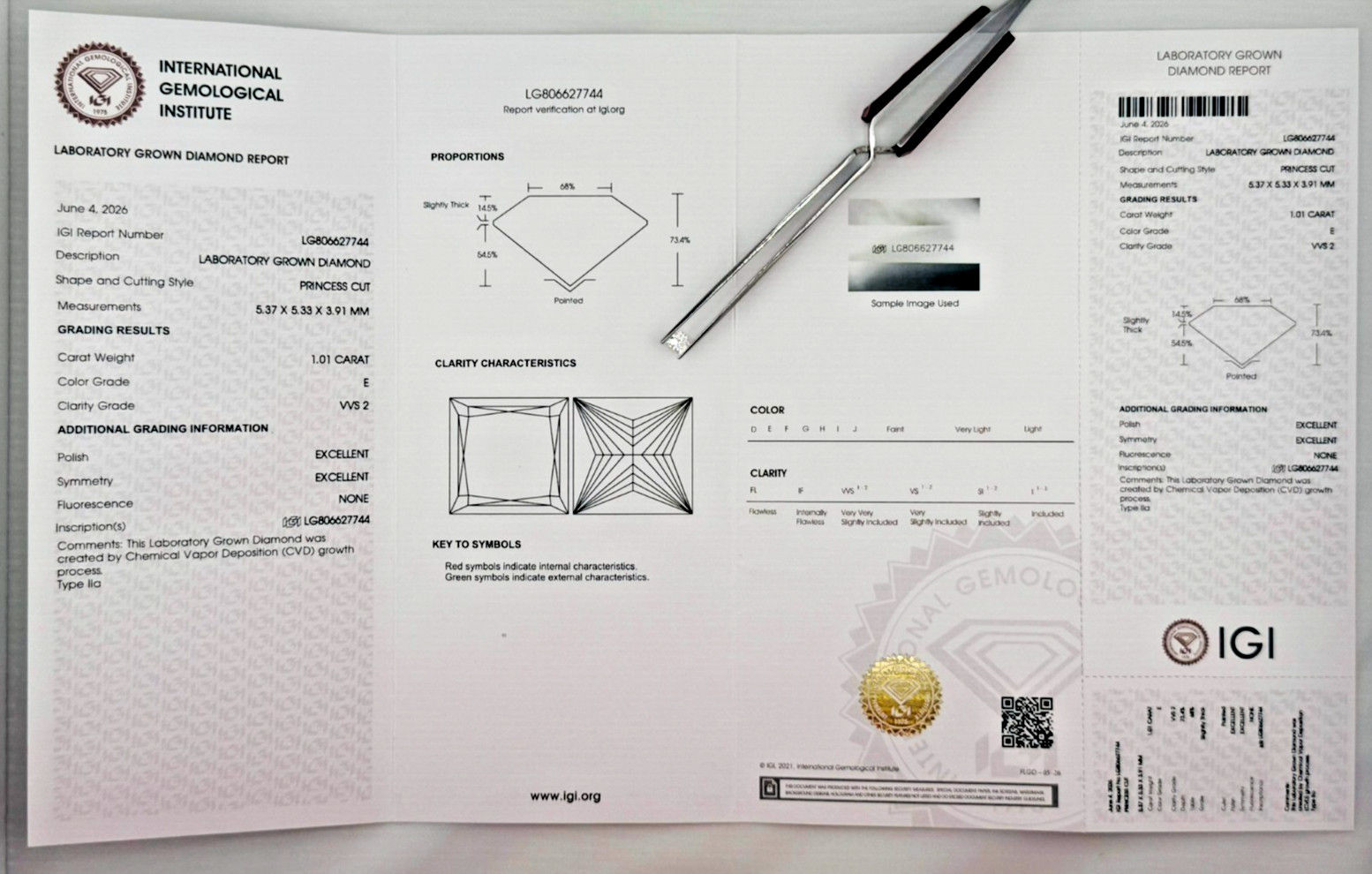 1.01 Ct IGI Lab Grown Princess Cut Diamond E VVS2 Type IIa CVD Certified