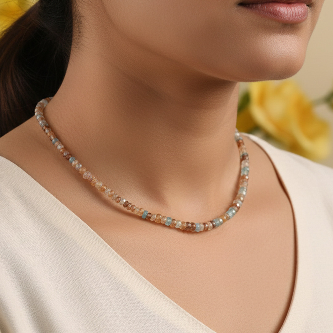 Natural Multi Zircon Stone Beaded Handmade Necklace Faceted Roundel 925 Silver