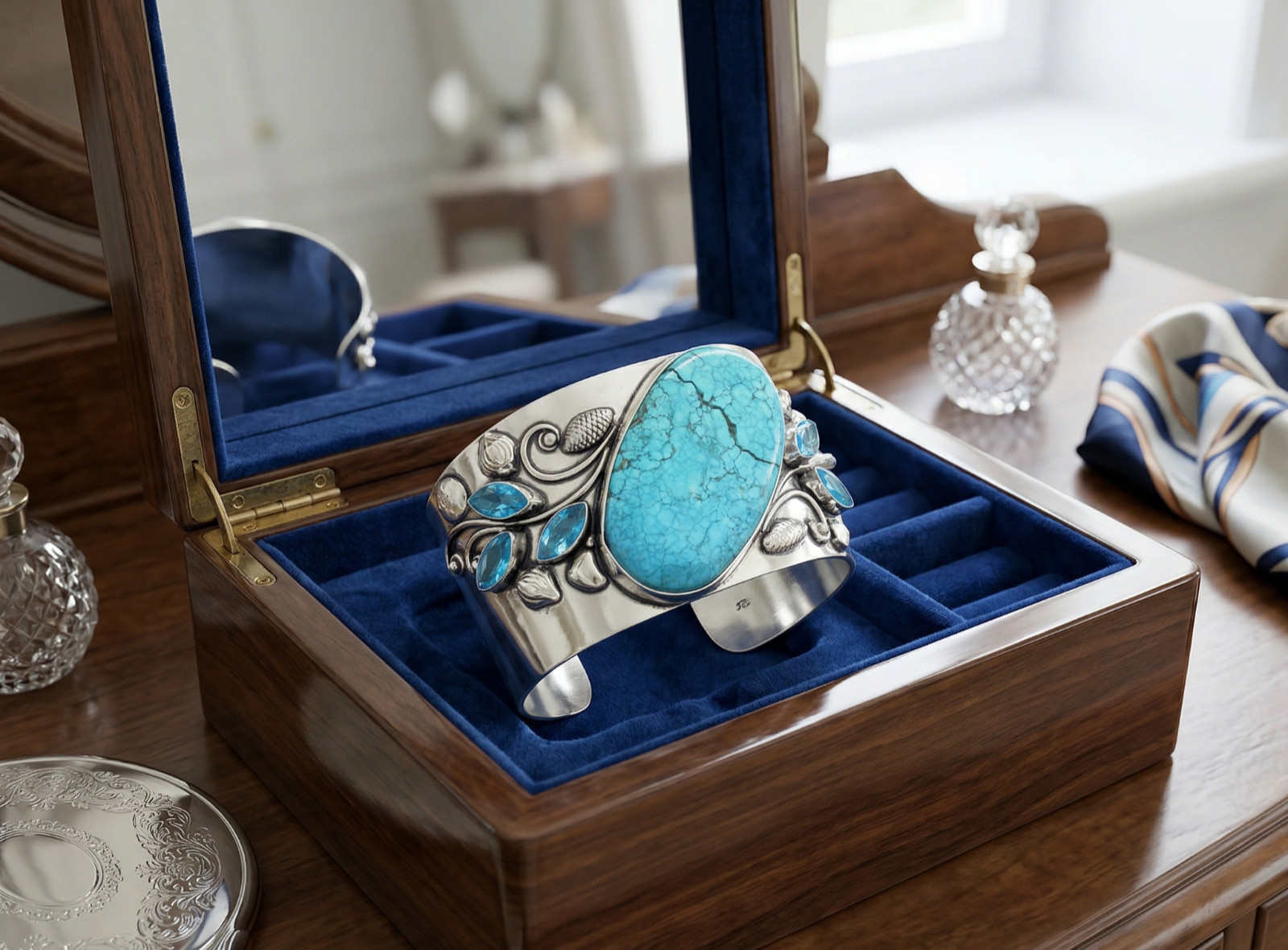 Natural Turquoise, Blue Topaz Cuff Bracelet 925 Sterling Silver Jewelry ADJ