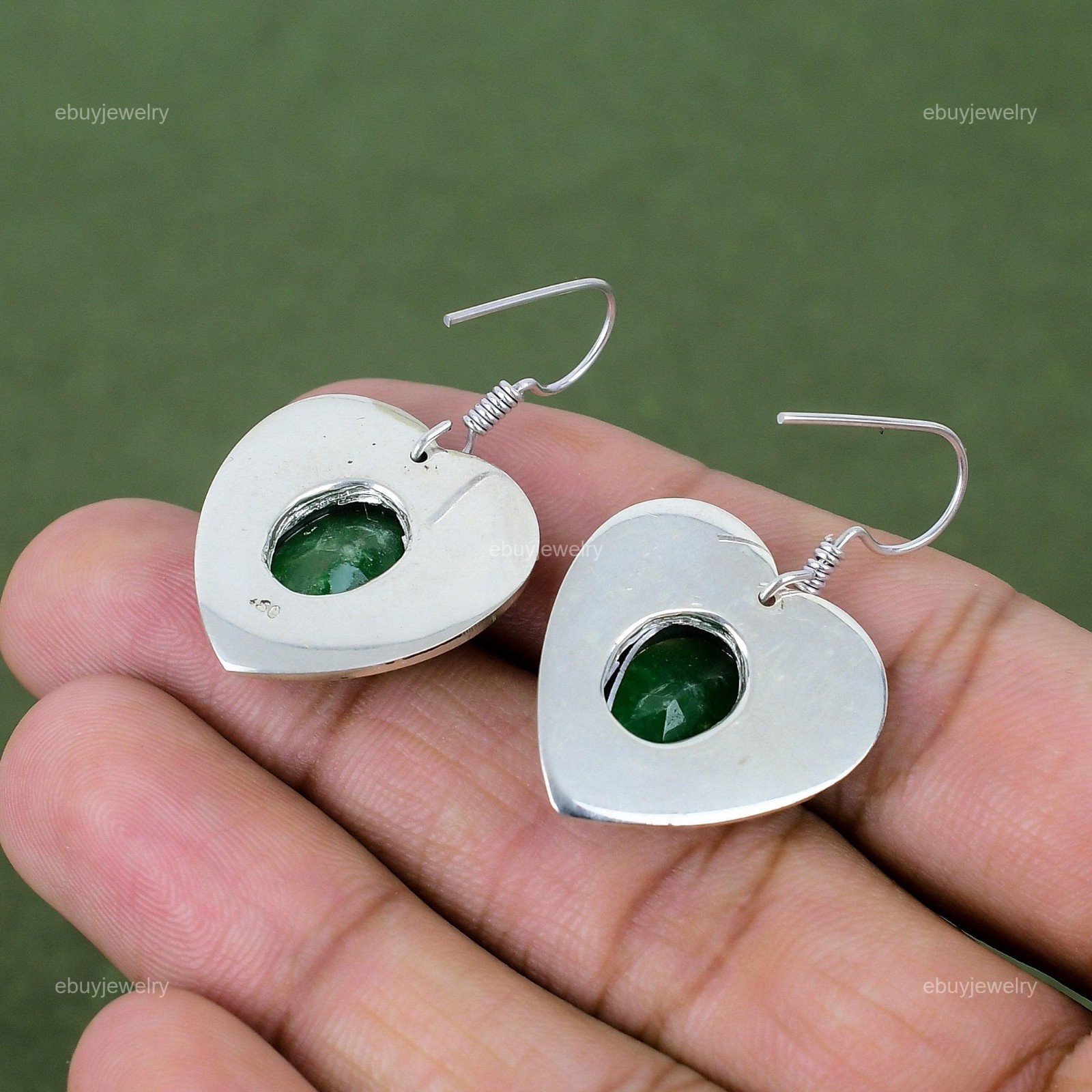 925 Sterling Silver Zambian Emerald Gemstone Dangle Drop Mother Heart Earrings