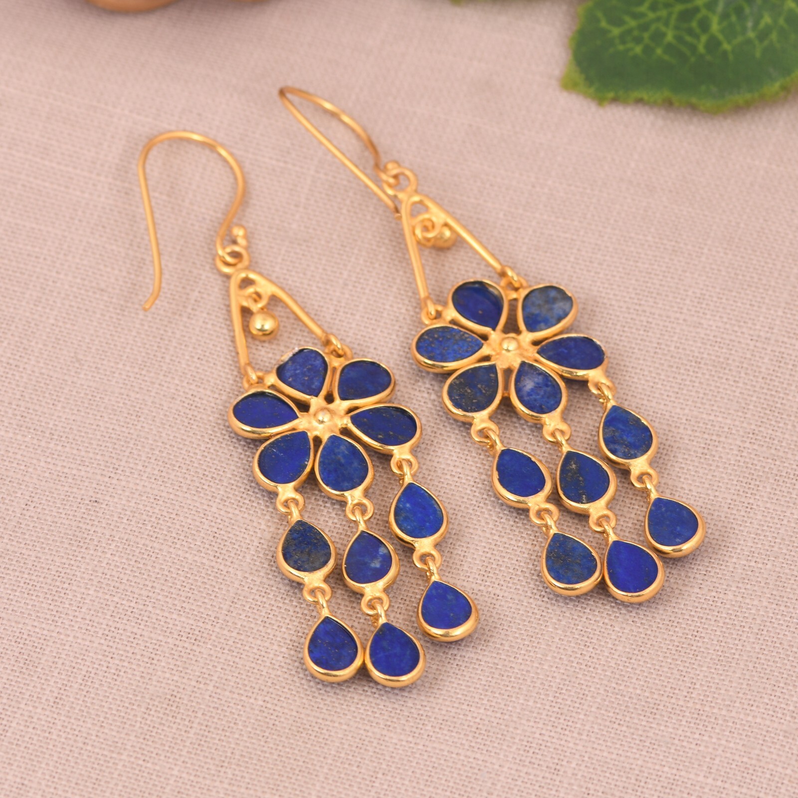Artisan Fringe Drop Gold Plated Women’s Earrings Lapis Lazuli For Birthday Gift