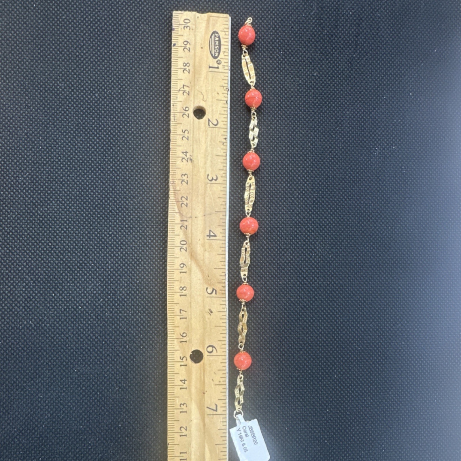 18k Yellow Gold Coral Beaded Chain Bracelet Spring Ring 7.6-8 in 6.05ctw