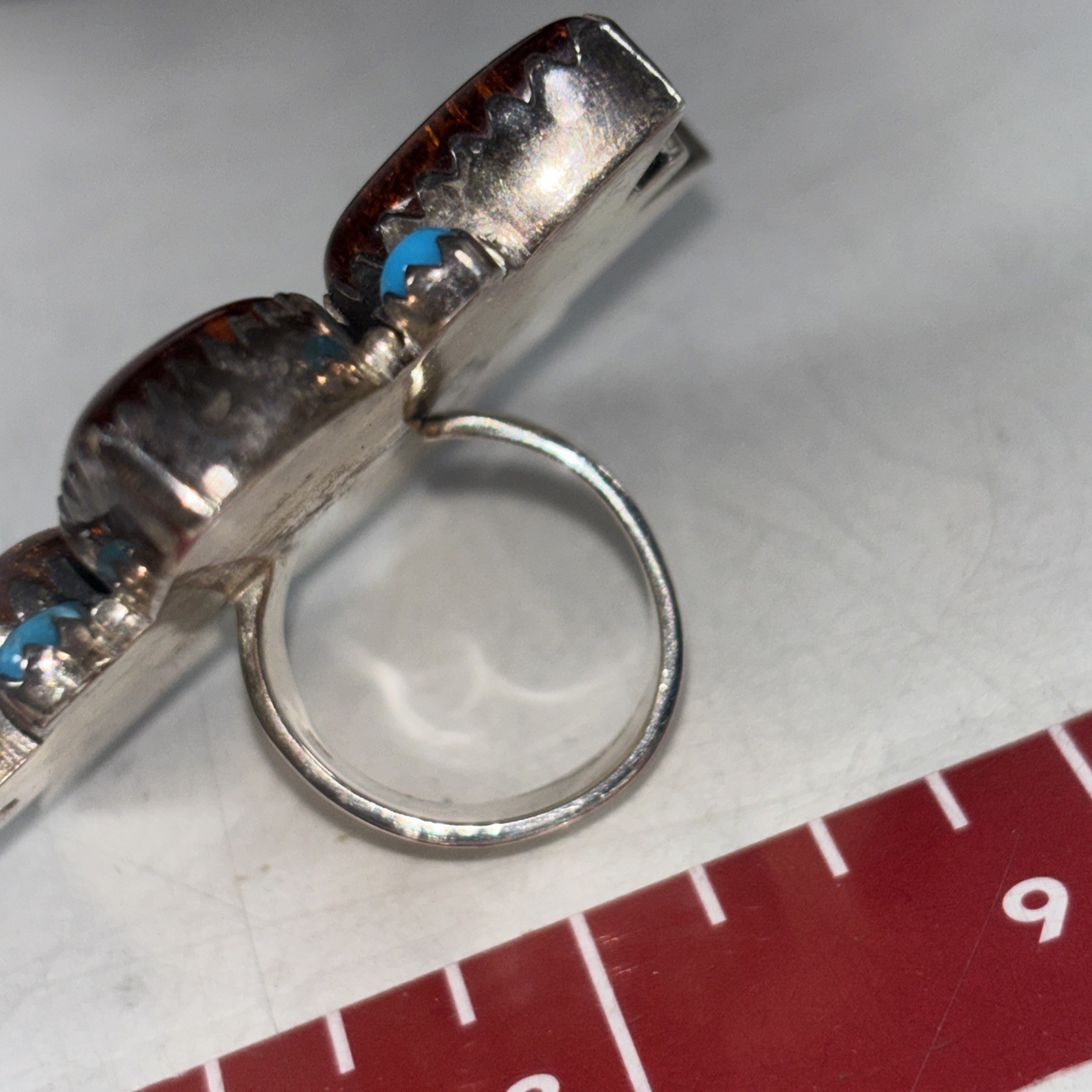 Artisan Statement Ring 925 Sterling Silver Turquoise And Amber Adjustable Size