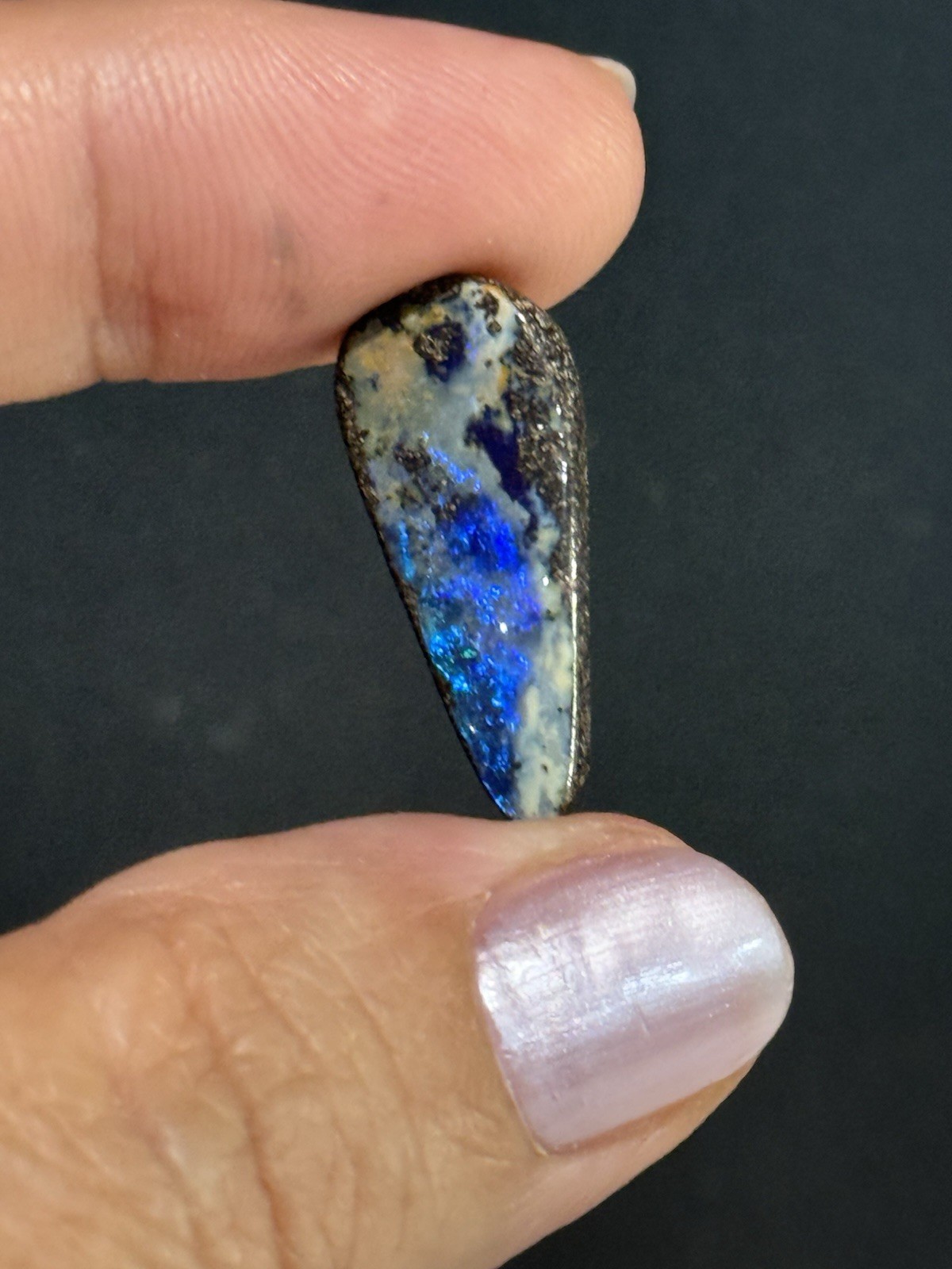 9.35ct 24x10x5mm Flashy Dark Blue Natural Boulder Australian Opal Drop Cabochon