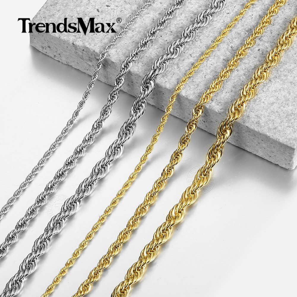 3-7MM Gold Plated Stainless Steel Diamond Cut Twisted Rope Chain Necklace 16-32″