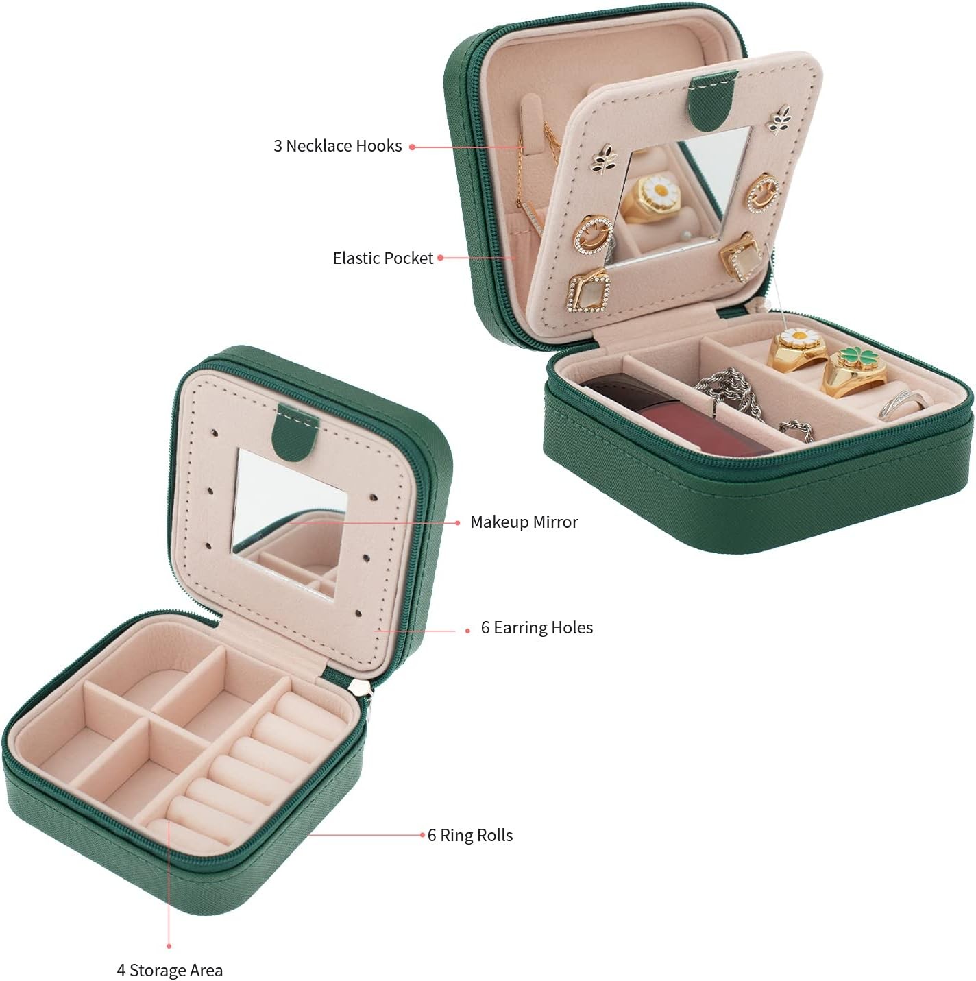 Travel Jewelry Organizer Small box Gift for Girls Women with Mirror(Green)