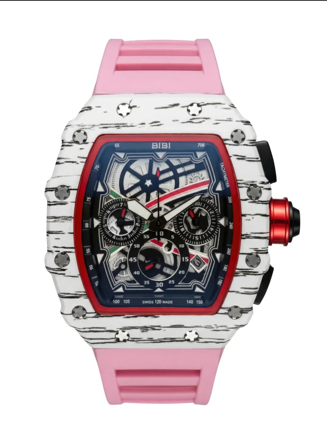 ​BiBi Sports Quartz Watch Chronograph Skeleton Face White Tonneau Pink Rubber