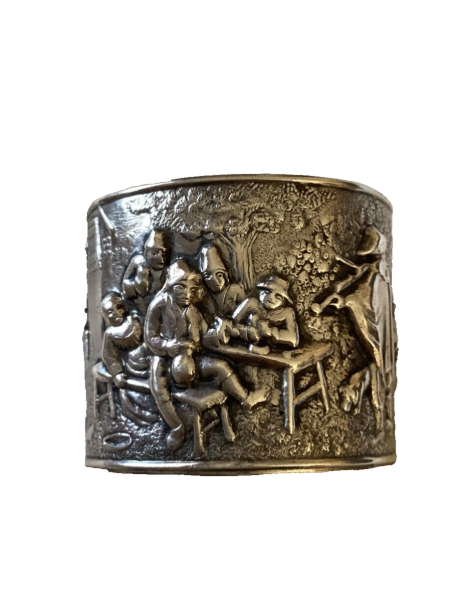 DANISH Vintage Silver 2” Cuff Bracelet-Repousse-Tavern Scene-marked Denmark