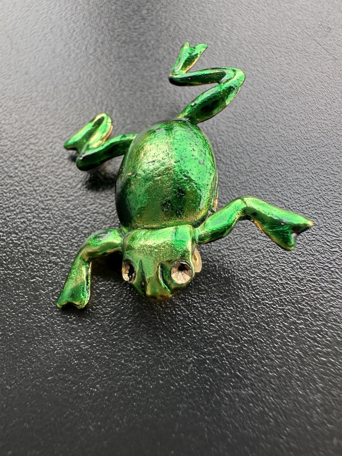 Vintage Metallic green enamel leaping frog brooch