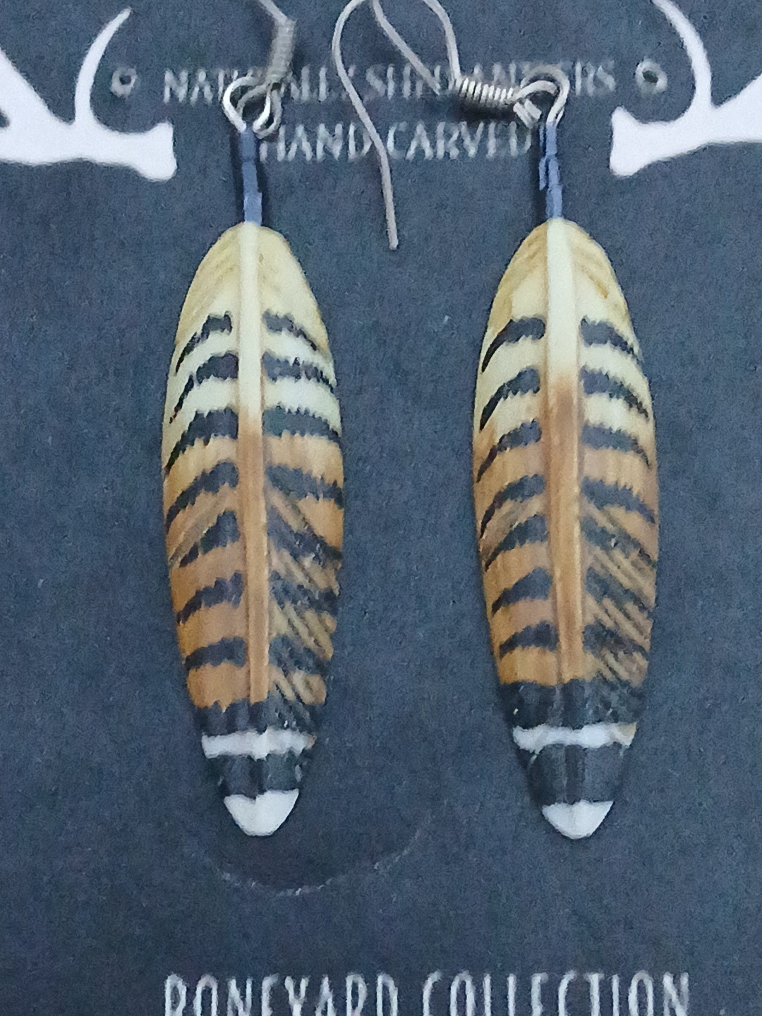 HANDMADE CARVED WATER BUFFALO BONE FEATHER EARRINGS ALASKA BONEYARD COLLECTION