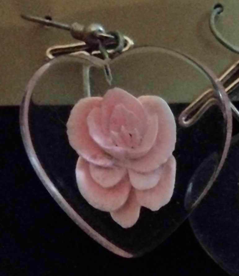 Vintage Heart Shaped Reverse Carved Lucite Pink Rose Dangle Earrings