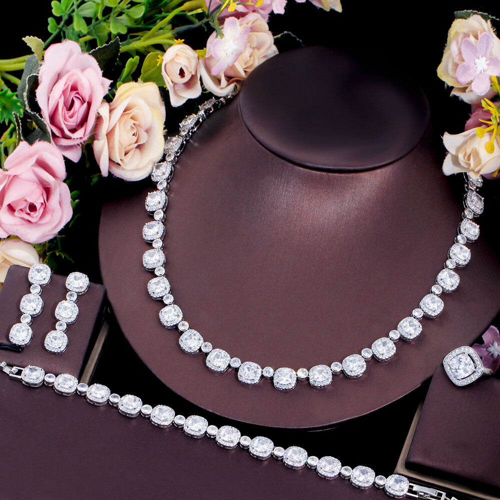 Silver Plated CZ Square Necklace Earring Bracelet Ring Women Luxury Jewelry Set