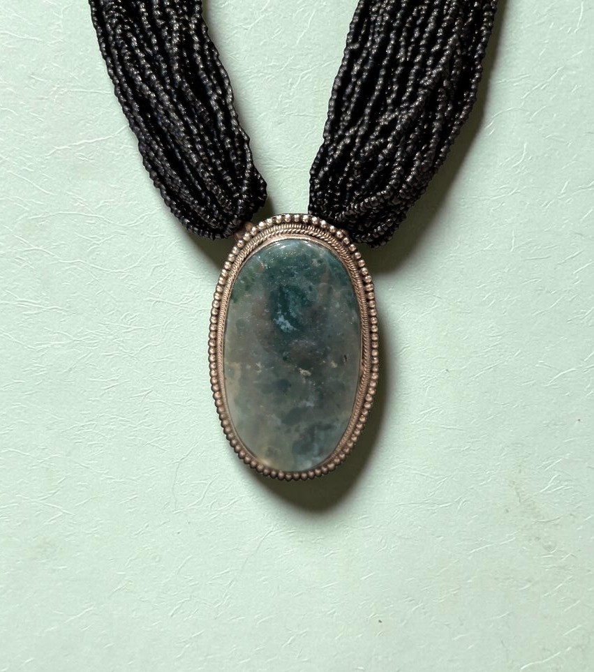 Vintage Moss Agate Pendant Necklace, Multi Strand Black Bead Bohemian Necklace