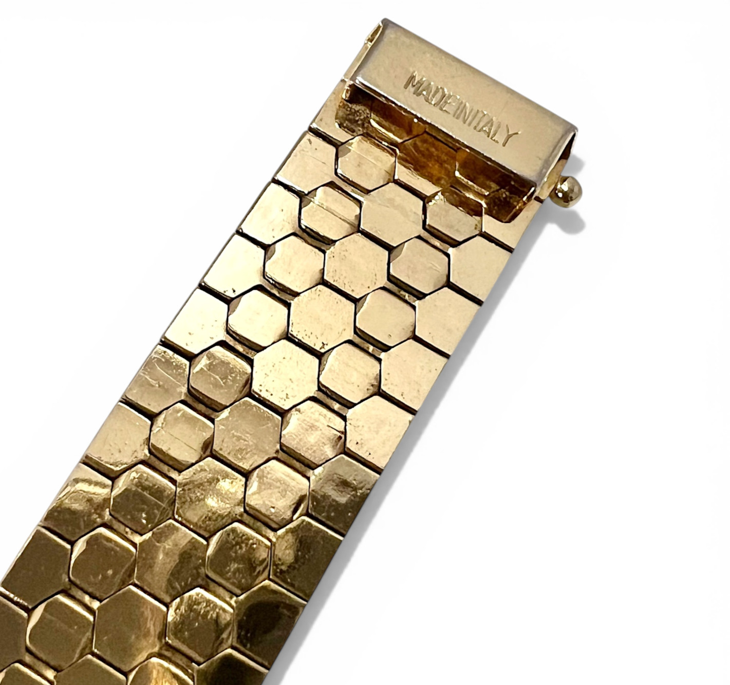 Vintage Italian Honeycomb Link Bracelet Heavy Gold Plated Wide Retro 7.25″ 35.4g