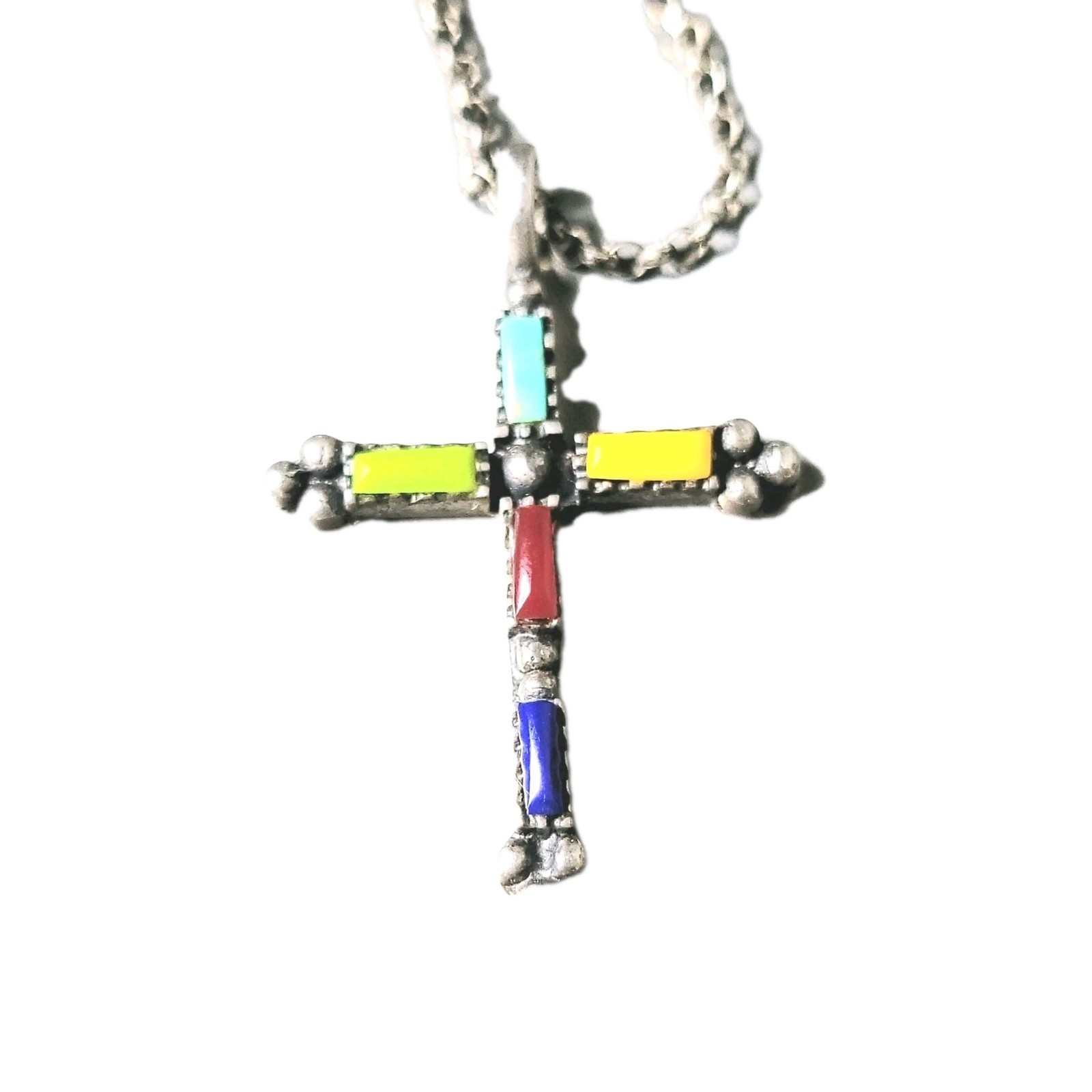Sterling Silver Cross Pendant Multi-colored Stone Inlays On 20″ Long Chain