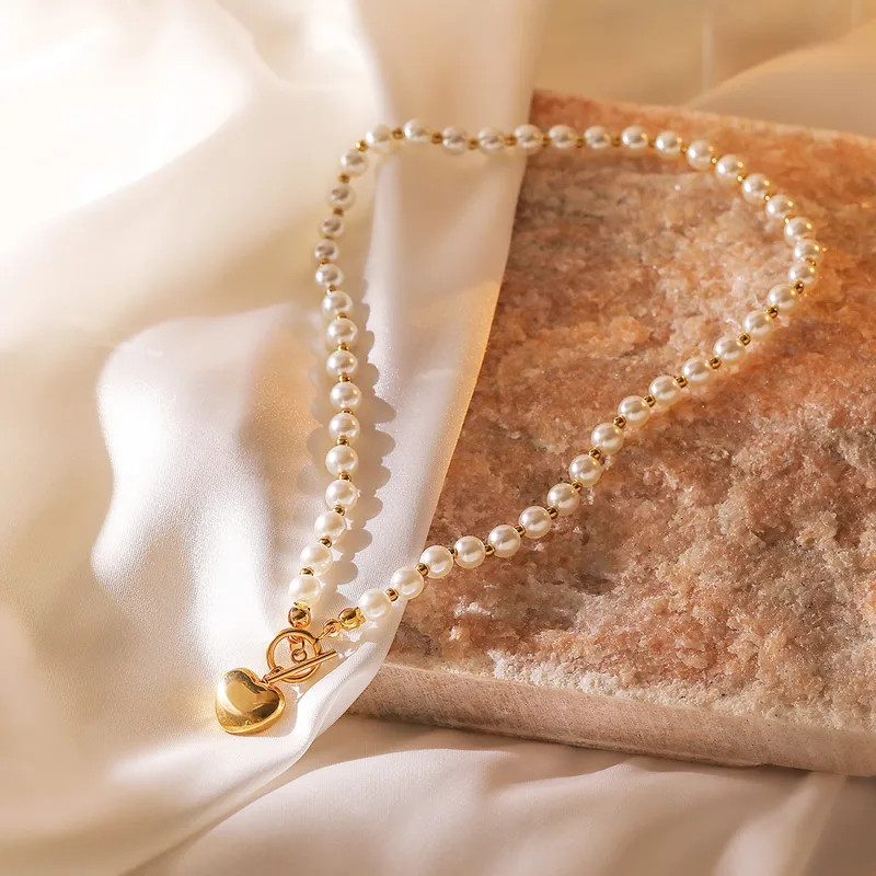 304 Stainless Steel Pearl Heart Necklace Gold Toggle Clasp Waterproof Women Gift