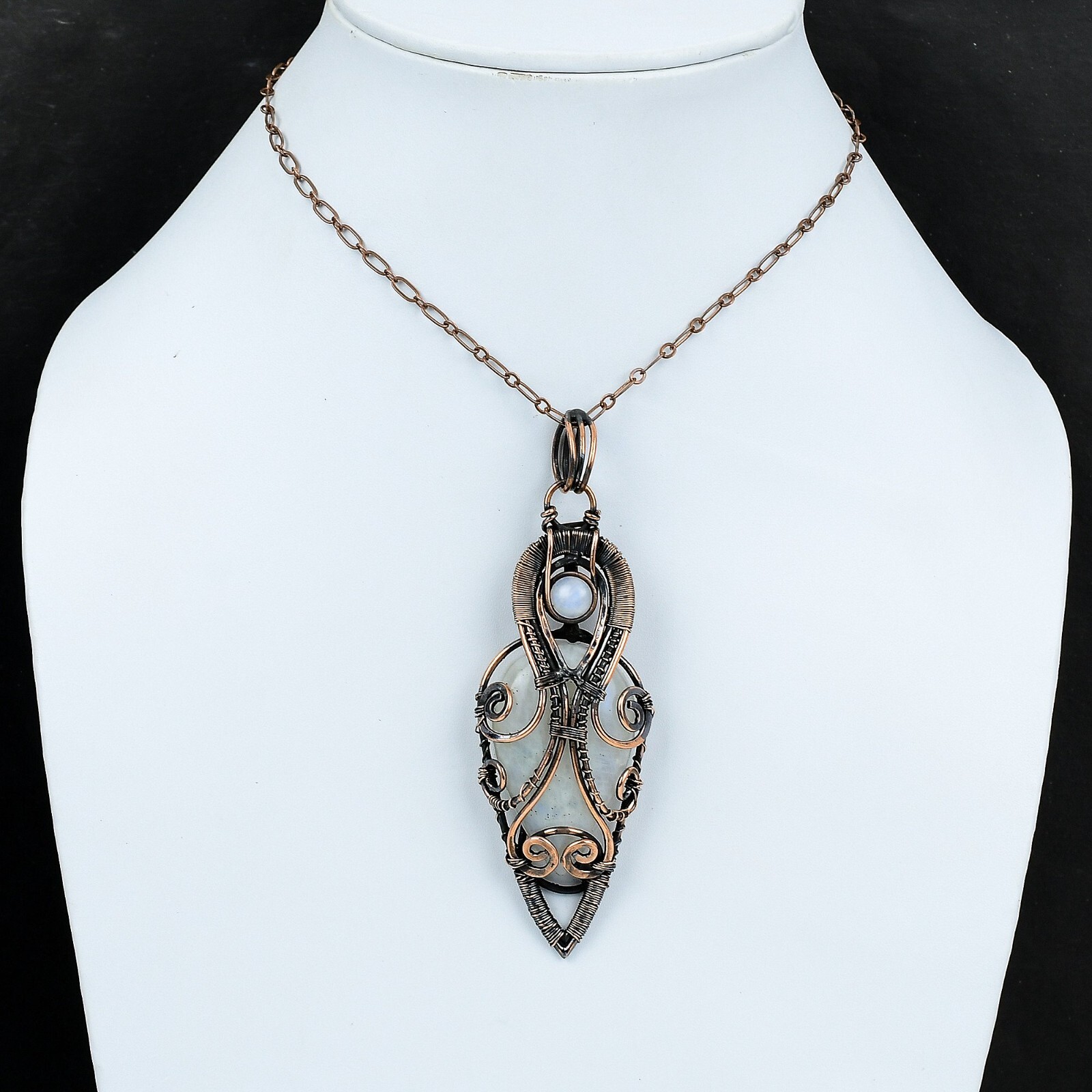 Rainbow Moonstone Wire Wrapped Pendant Handcrafted Copper Unique Gift 3.94″