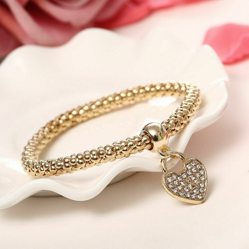 Silver Rose Gold White Topaz Heart Charm New Fashion Bracelet Bangle 3 in 1 Set