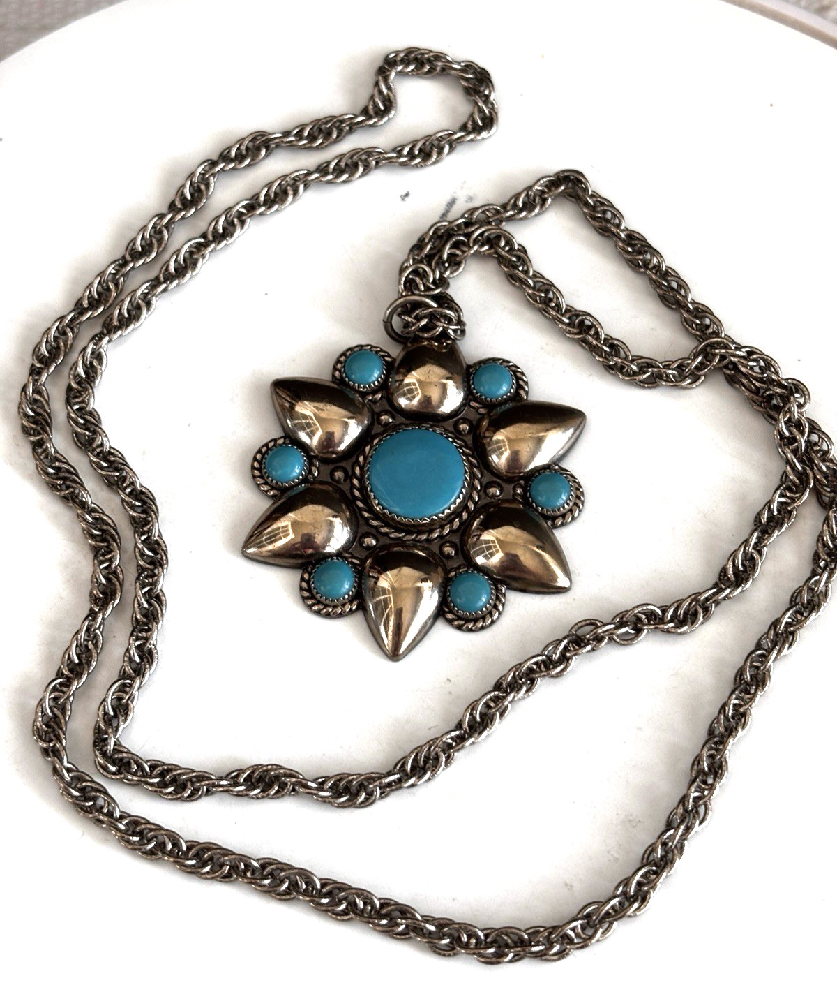 VTG Bell Trading Post Nickle Silver Faux Turquoise Pendant Signed Starburst