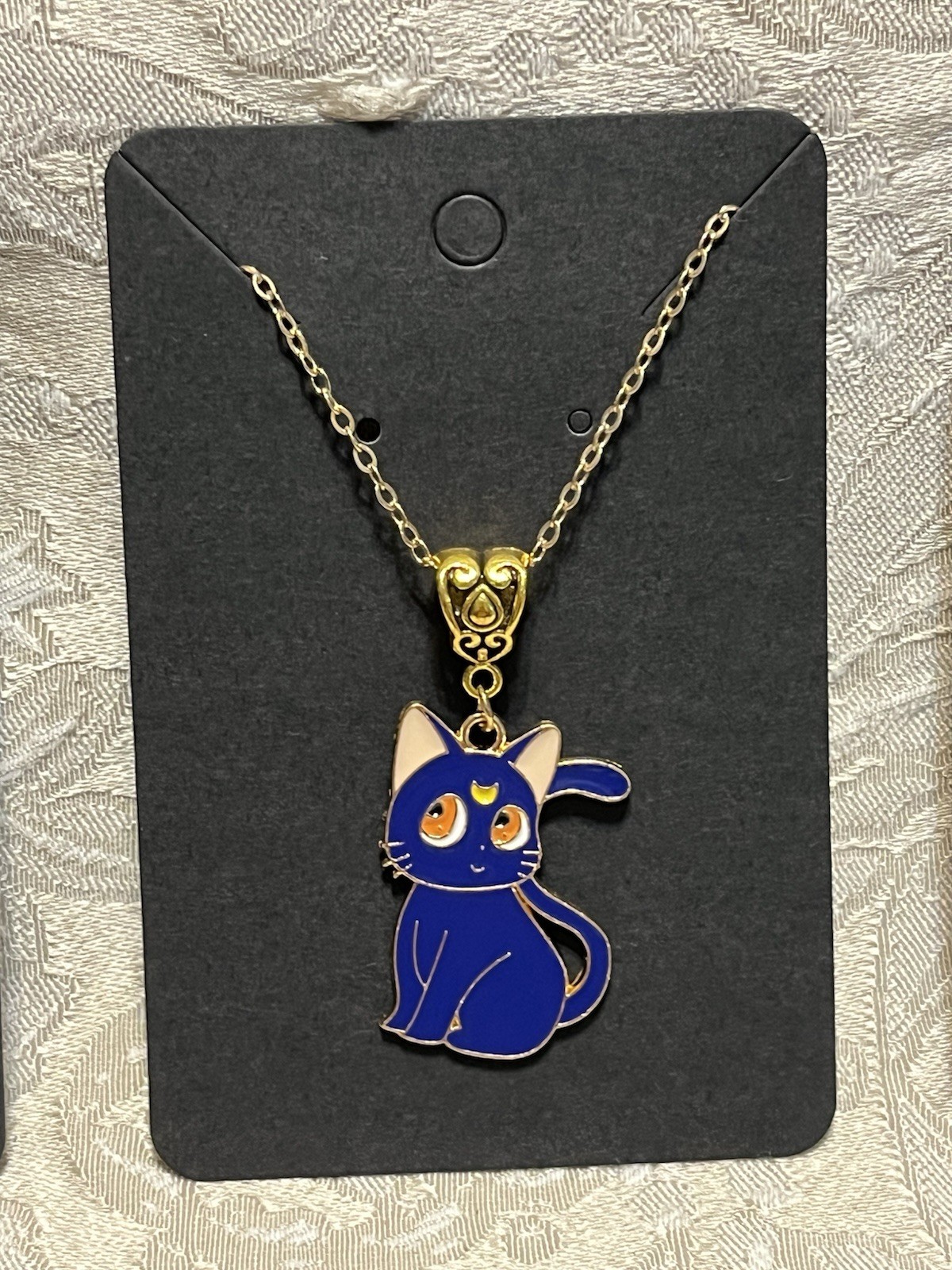 Sailor Moon LUNA Cat Charm Anime Cartoon Gold Enamel Boho Trendy Necklace 18”