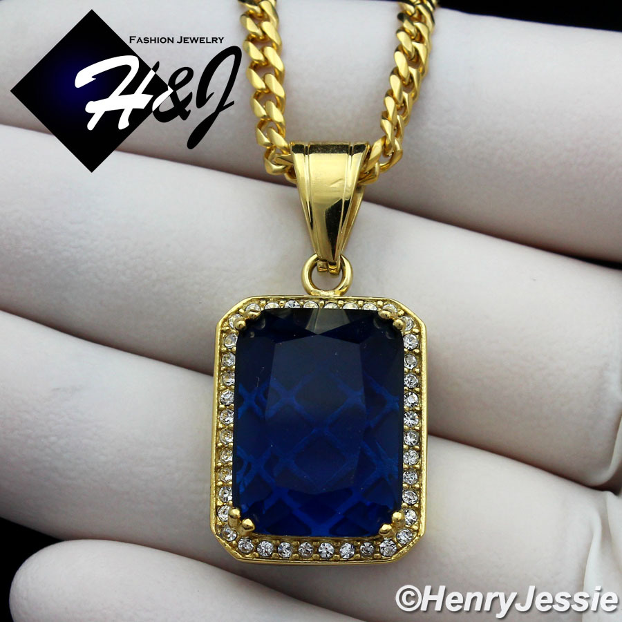 30″Stainless Steel 3mm Gold Plated Miami Cuban Chain Blue Rhinestone Pendant*G98