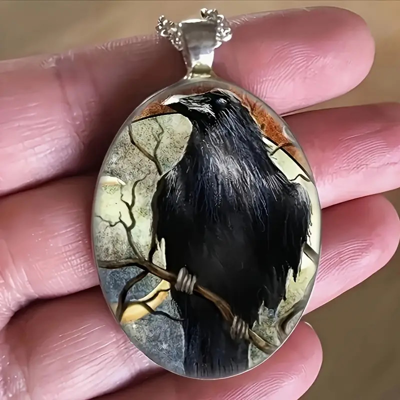 Raven Crow Oval Jewelry Vintage Silvery Bird Movie Gothic Pendant Necklace H