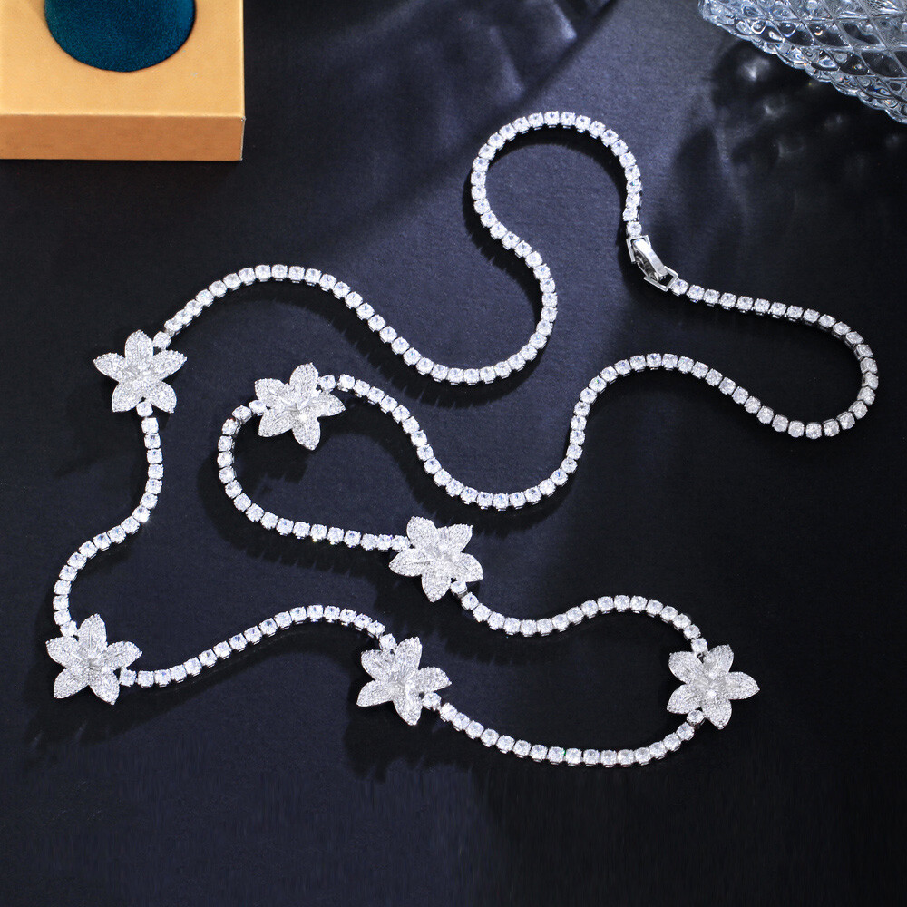 82cm Silver Plated Cubic Zircon White Flower Long Necklace Women Wedding Jewelry