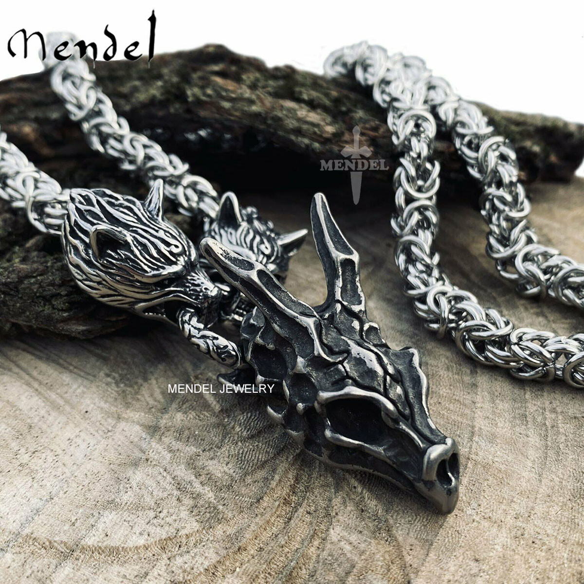 MENDEL Mens Stainless Steel Heavy Wolf Dragon Skull Pendant Necklace Vintage Men