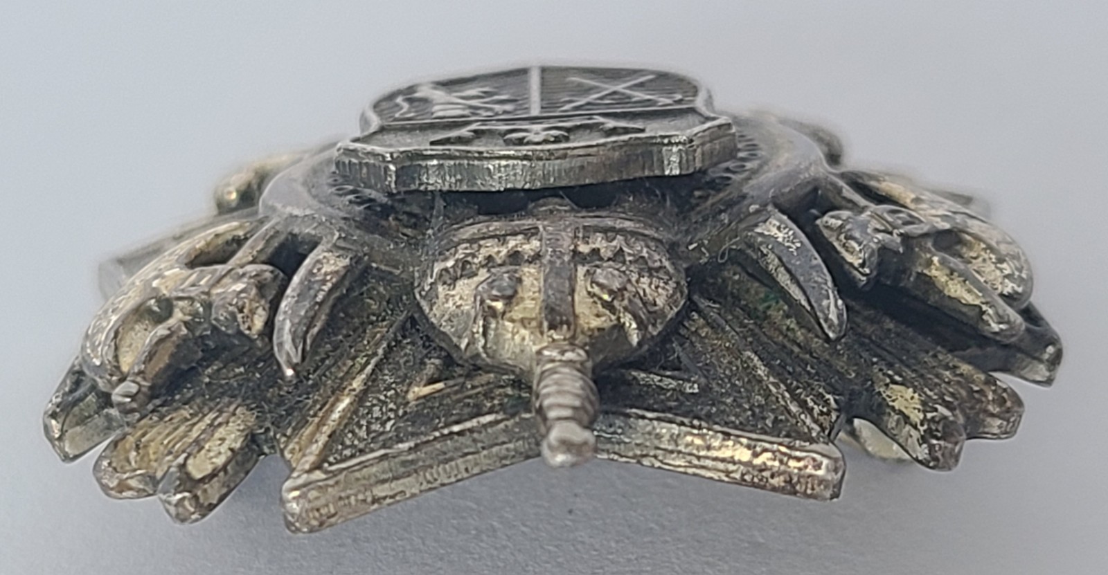 Vintage Heraldic Crest Brooch Pin Crown Shield Coat of Arms Silver Tone