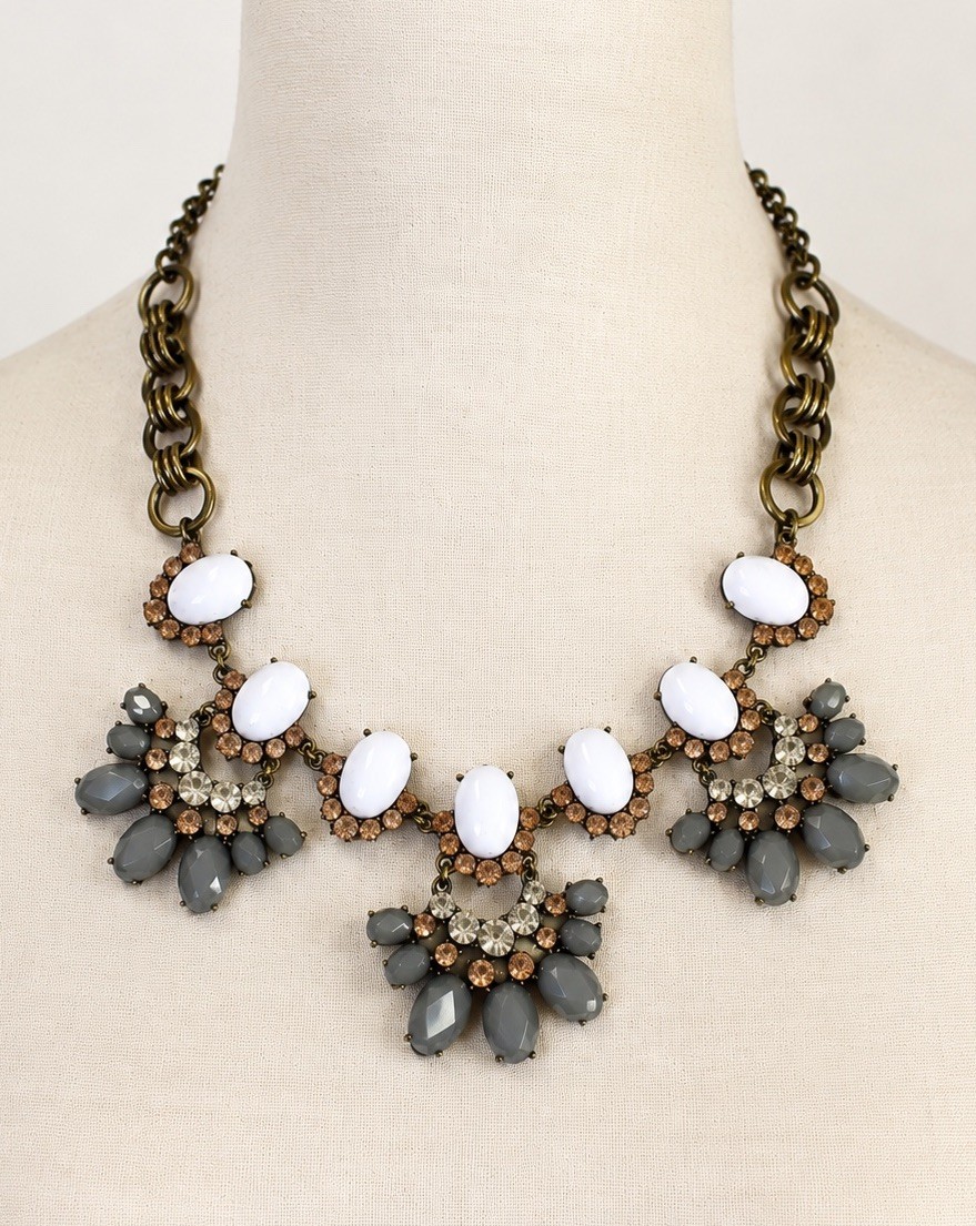 Gold Tone Clear Crystal Rhinestone Bib Statement Necklace White Gray Adjustable