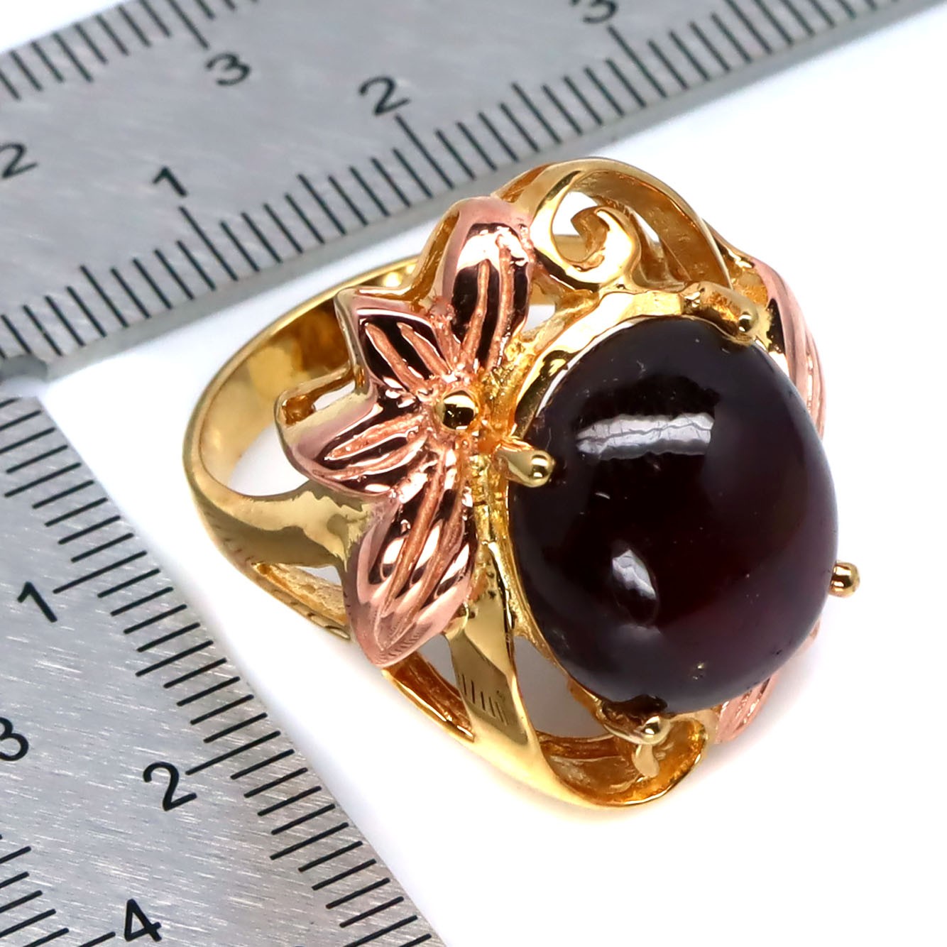 925 Silver 13x15MM. Red Ruby (9.05ct.) Two Tone Birthstone Jewelry Ring Size 7.5