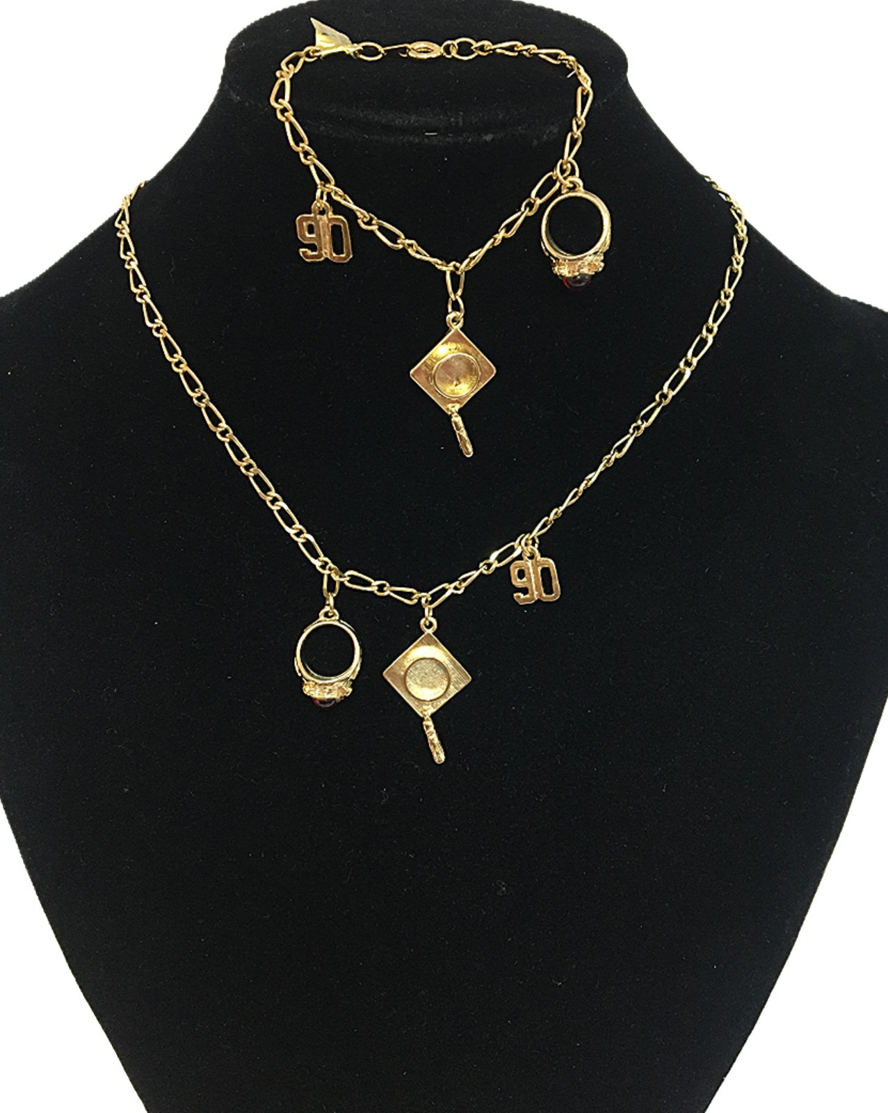 1990 Graduation Gold Plated Charm Necklace And Bracelet 2 Piece Set Vintage