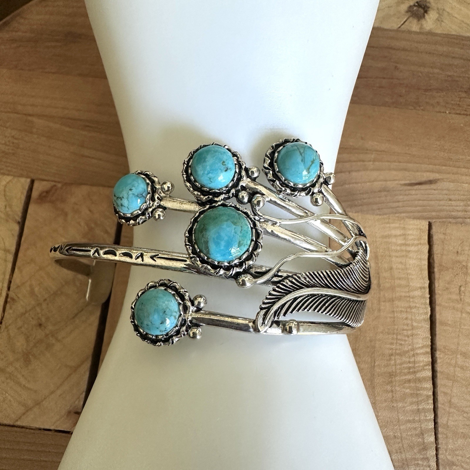 BBJ Artisan Open Cuff Bracelet 6.75 Inch Adjust Turquoise 925 Sterling 38.3g