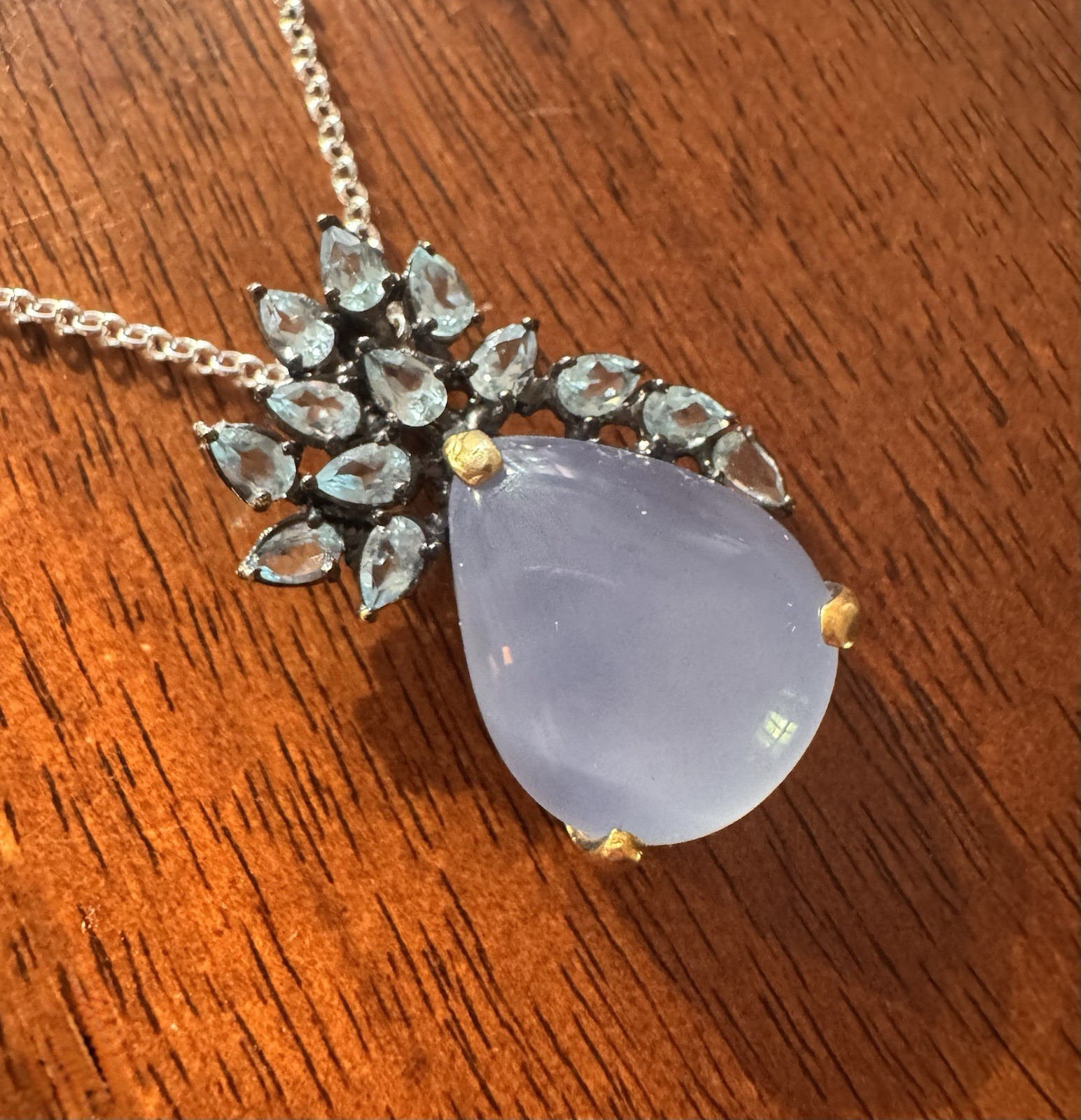925 Sterling Lavender Chalcedony 18” Necklace Floral Blue Gemstone Pendant