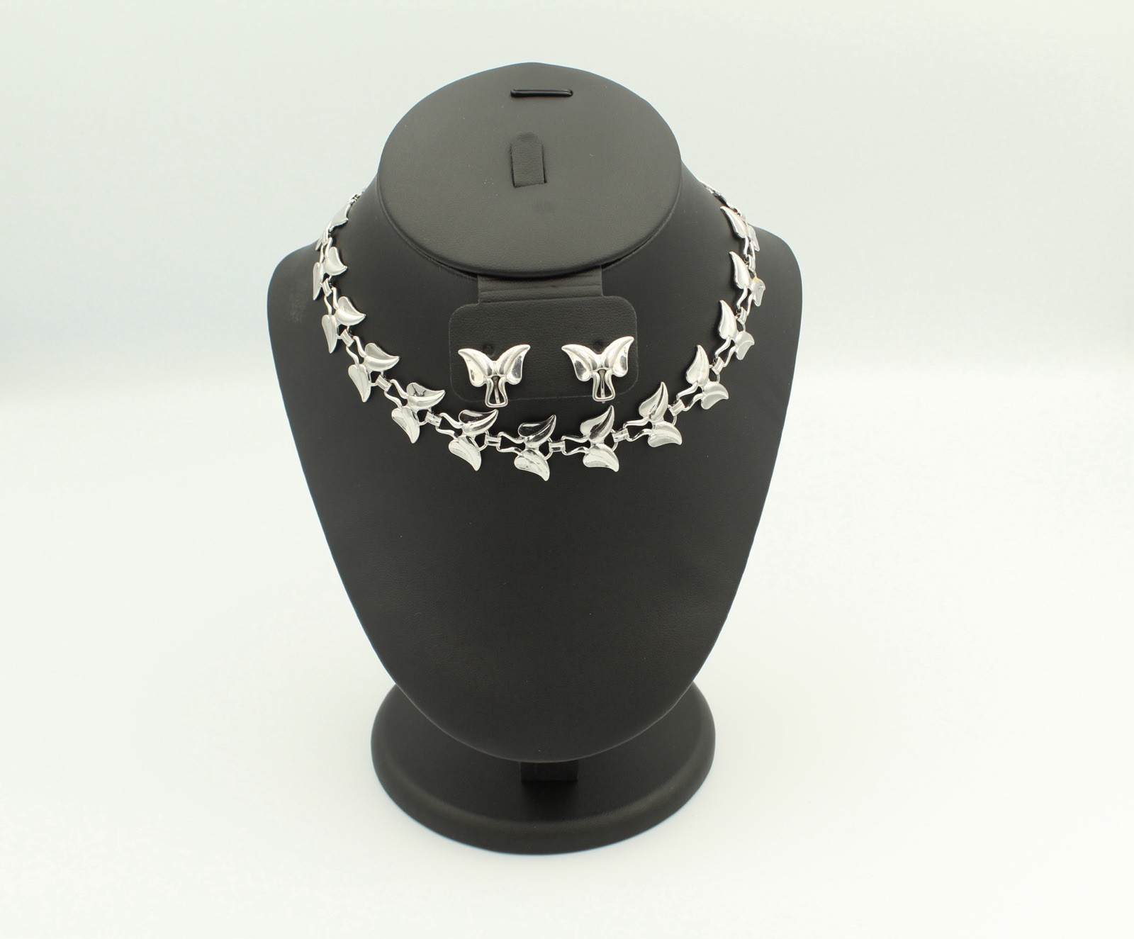 Vintage Sterling Silver Leaf Link Necklace & Matching Earring Set — Mid-Century