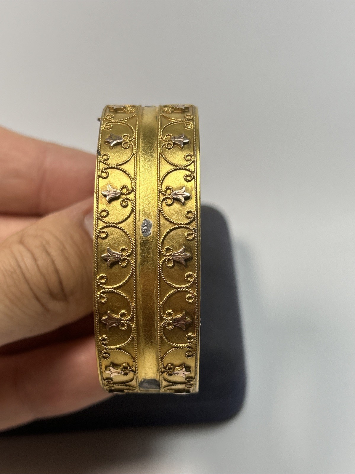 Victorian Etruscan Revival Gold Gild Wide Floral Motif Insert Clasp Bangle