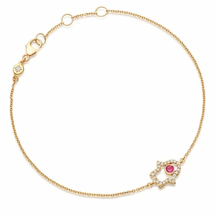 Lab Created Pink Sapphire Hamsa Hand Bracelet 14K Yellow Gold Plated Adjustable